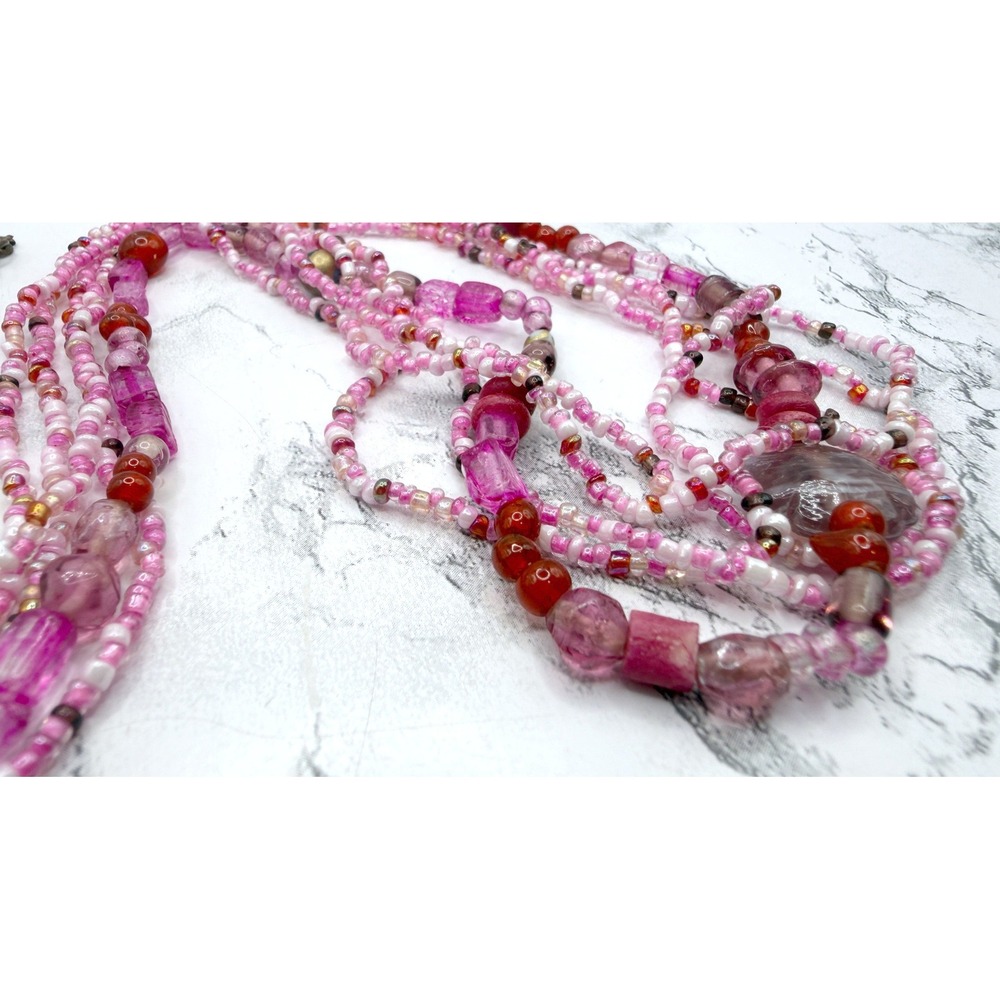 Pink 5 Strand Beaded Necklace Glass Beads Gold Bubblegum Barbiecore 30" - Picture 5 of 8